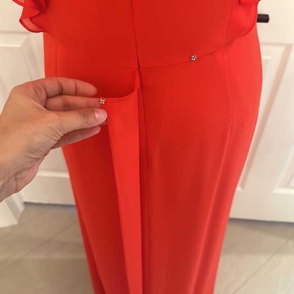 Small BCBGMAXAZRIA red full length gown with ruffle sleeves and side slit. NBW. - Picture 9 of 9